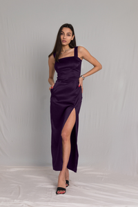 Purple Bareback Satin Silk Midi Dress - Custom Made - Bastet Noir