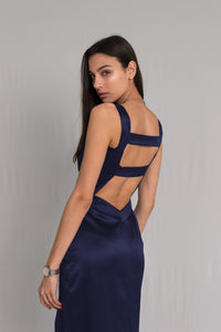 Midnight Blue bareback satin dress with thick straps and side slit