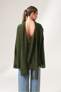 Olive Green Turtleneck Backless Evening Wear Shirt - Custom Made - Bastet Noir