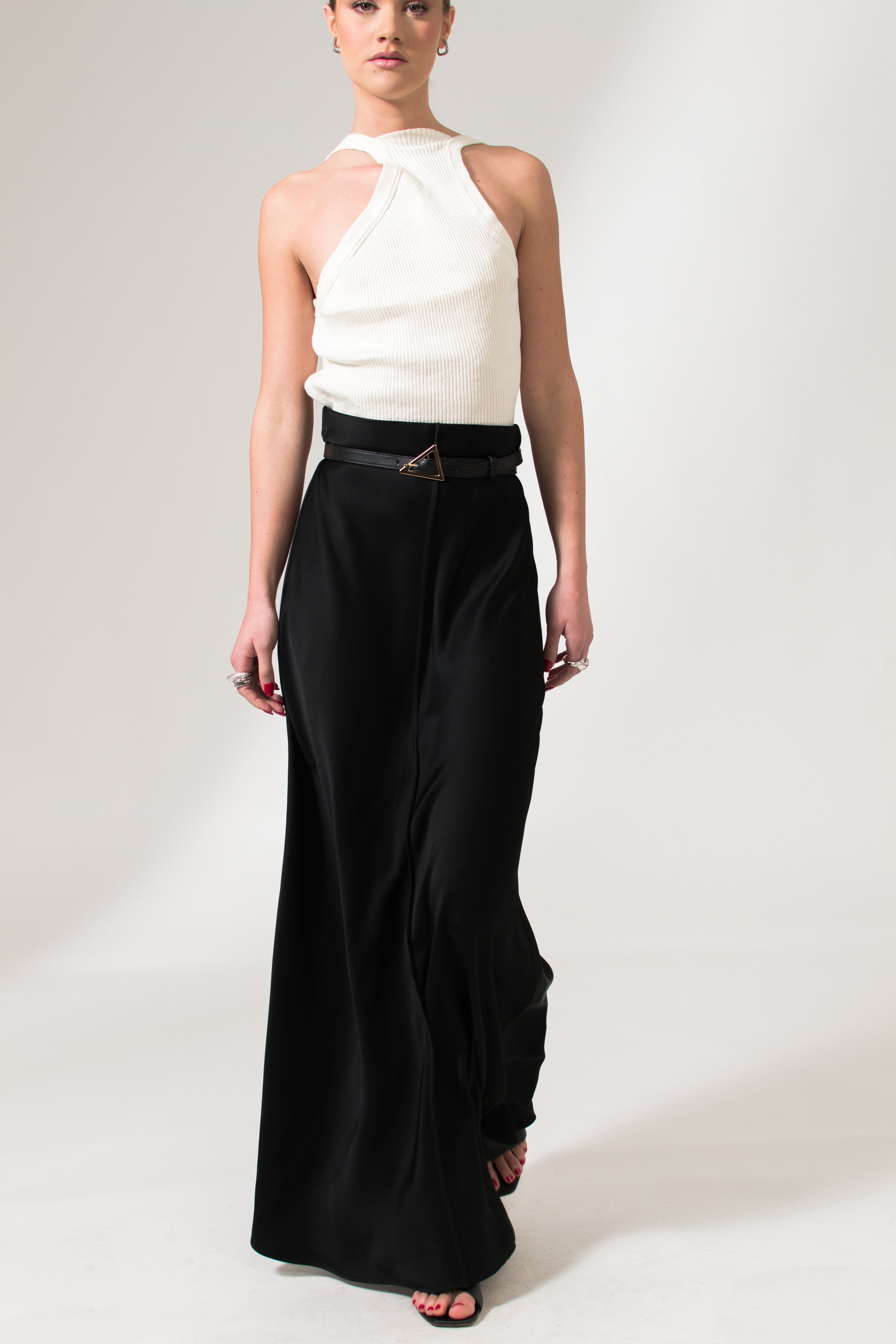 Black Satin Silk Maxi Slip On Skirt - Custom Made - Bastet Noir