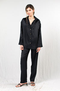Black striped silk satin shirt with cut out back and cigarette pants