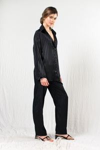 Black striped silk satin shirt with cut out back and cigarette pants