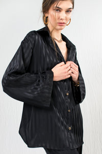 Black striped satin silk long sleeve shirt with open back