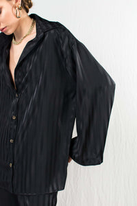 Black striped satin silk long sleeve shirt with open back