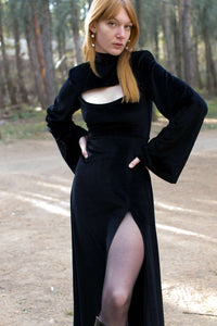 Black Velvet Evening Wear Maxi Dress - Custom Made - Bastet Noir