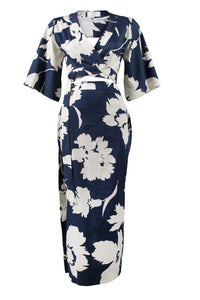 White and blue flower print cotton maxi dress with wrap around bodice and pencil skirt with ties