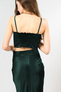 Forest Green High Waist Satin Silk Maxi Skirt and Satin Silk Crop Top - Custom Made - Bastet Noir
