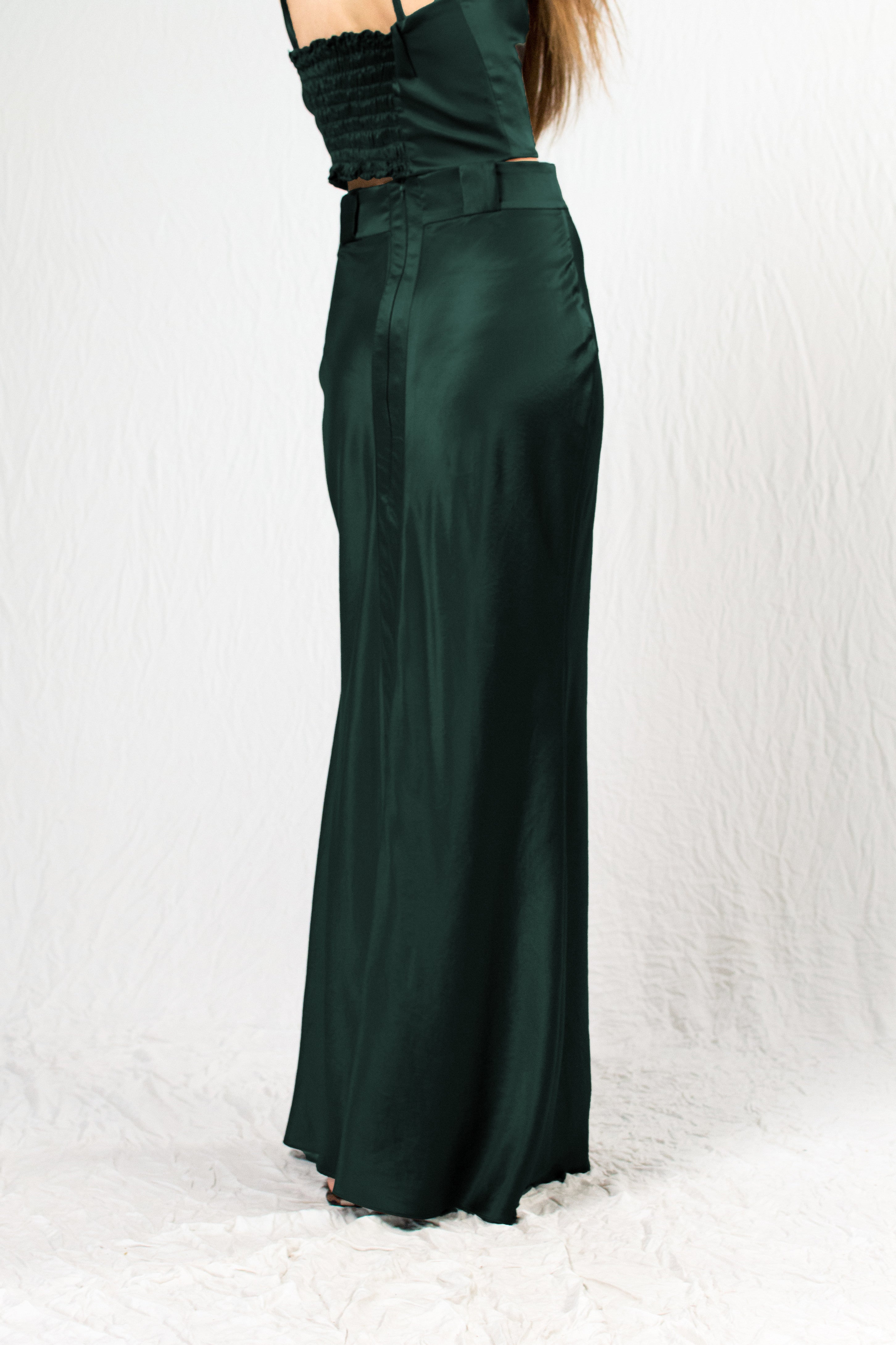 Forest Green High Waist Silk Satin Maxi Skirt - Custom Made - Bastet Noir