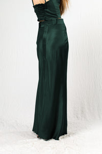 Forest Green High Waist Silk Satin Maxi Skirt - Custom Made - Bastet Noir