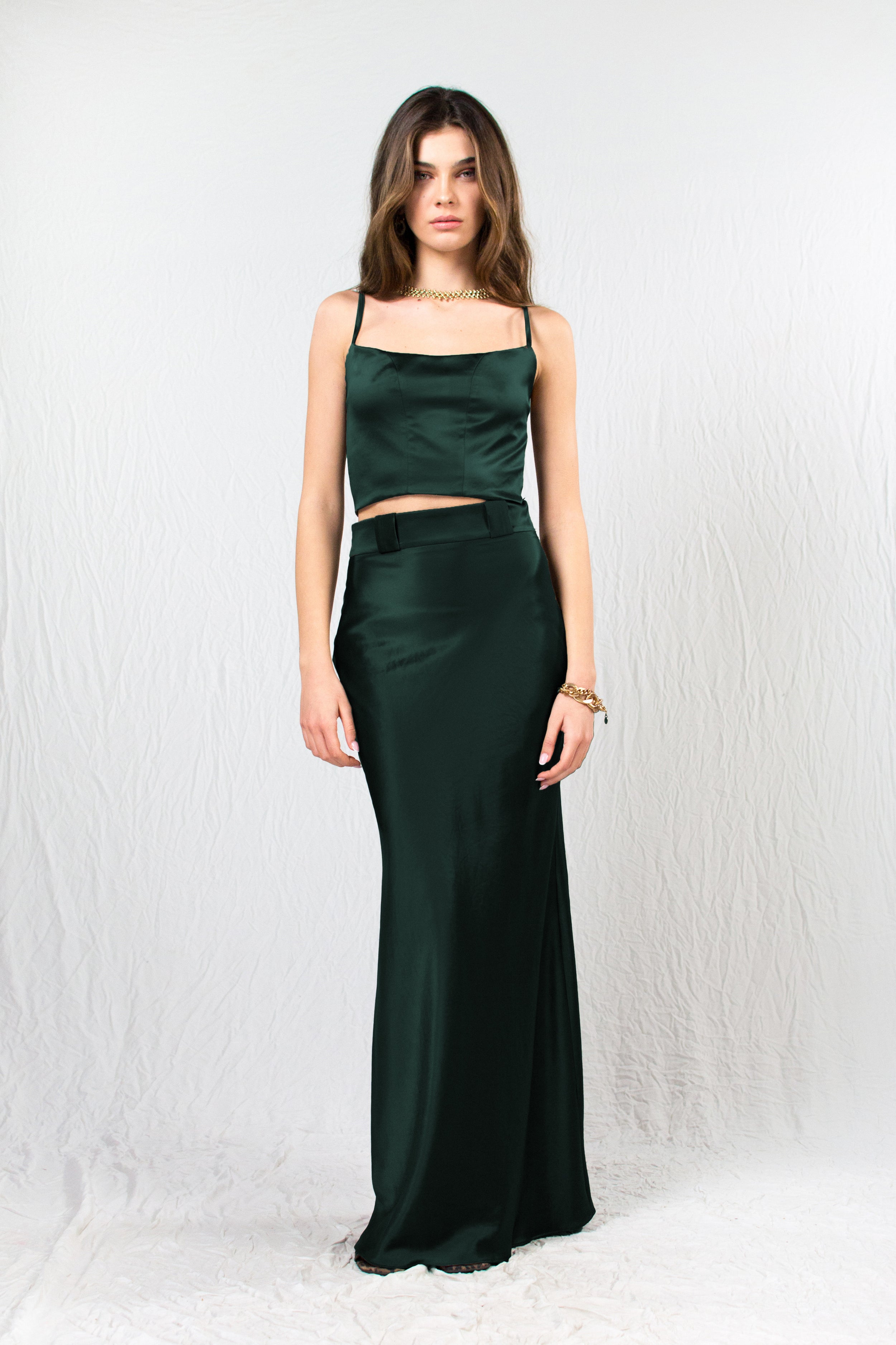 Forest Green Fitted Silk Satin Crop Top and Silk Satin Maxi Skirt - Custom Made - Bastet Noir