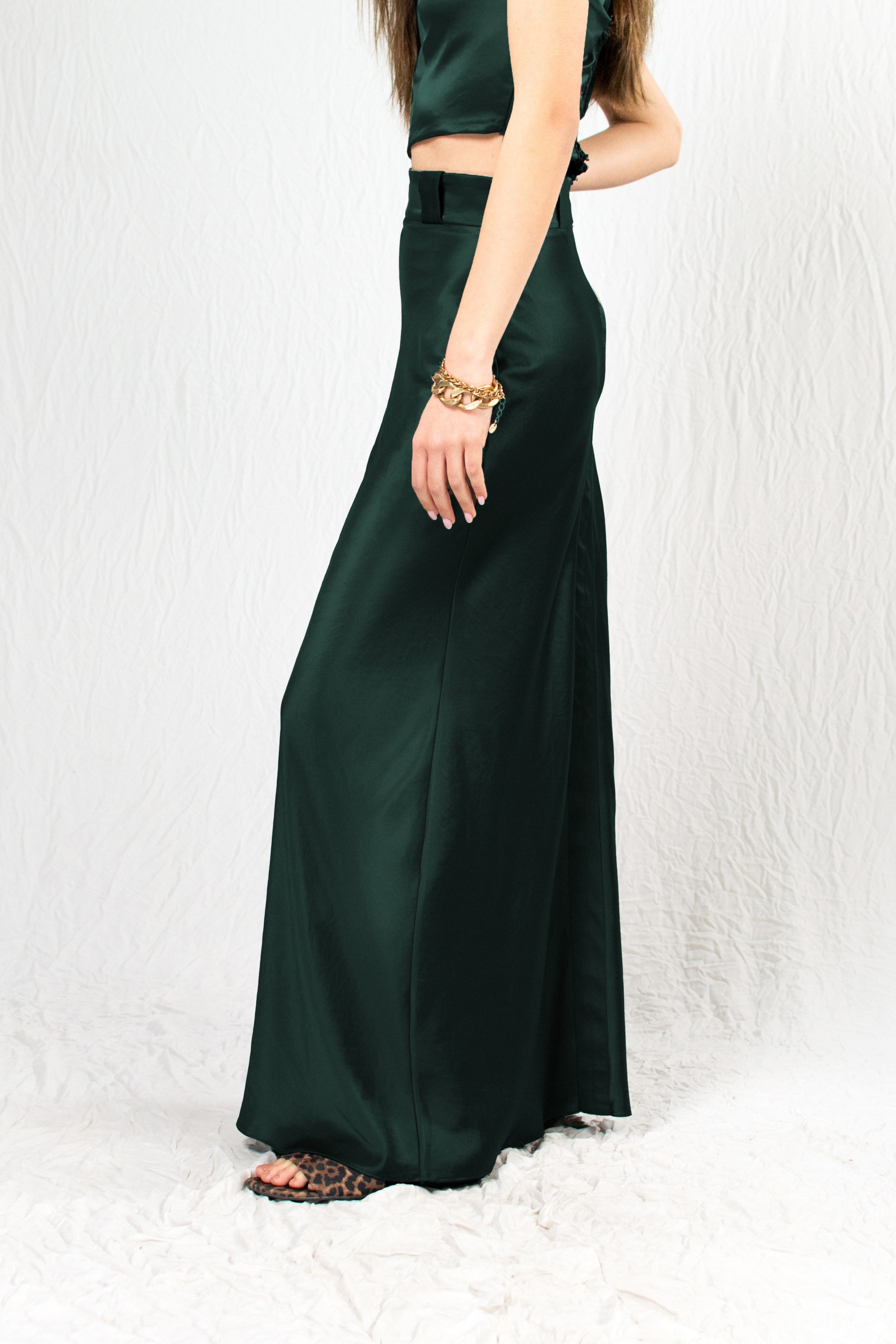 Forest Green High Waist Silk Satin Maxi Skirt - Custom Made - Bastet Noir