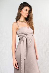 Champagne silk satin thin strap tight bodice loose skirt maxi dress with belt loops and tie
