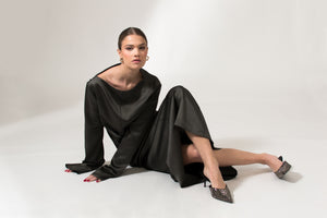 grey satin silk maxi dress sustainable occasion wear bastet noir