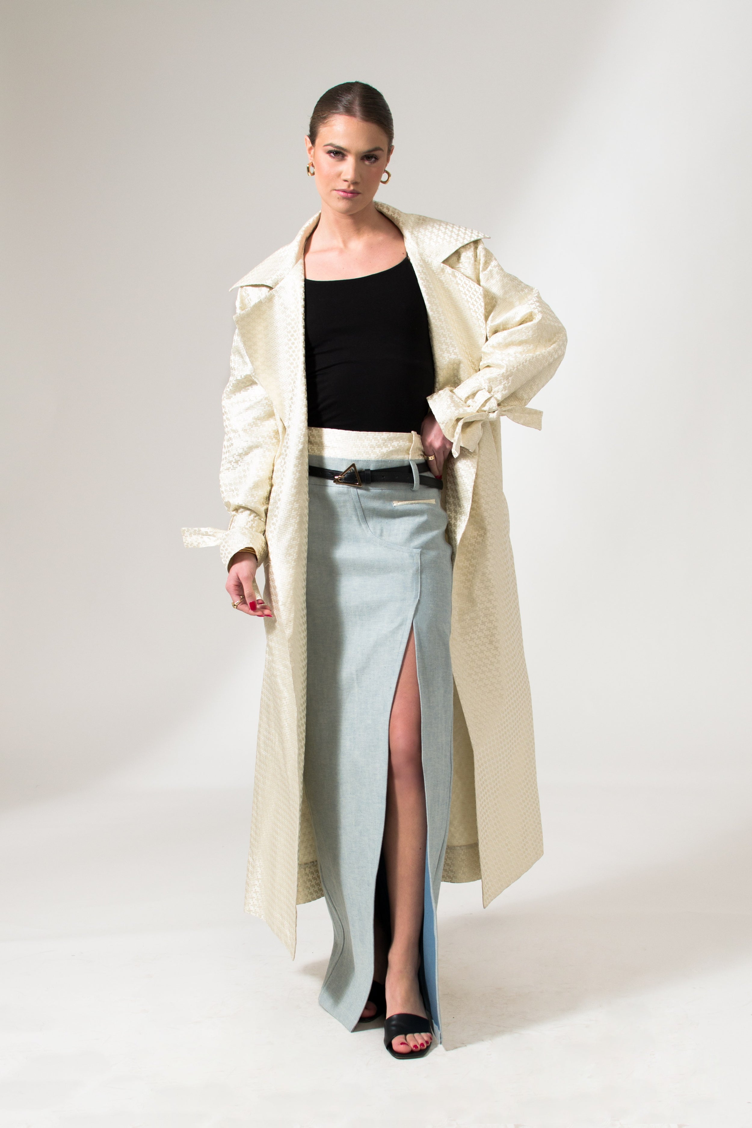 Cream White Woven Satin Silk Trench Coat - Custom Made - Bastet Noir