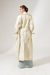 Cream White Woven Satin Silk Trench Coat - Custom Made - Bastet Noir