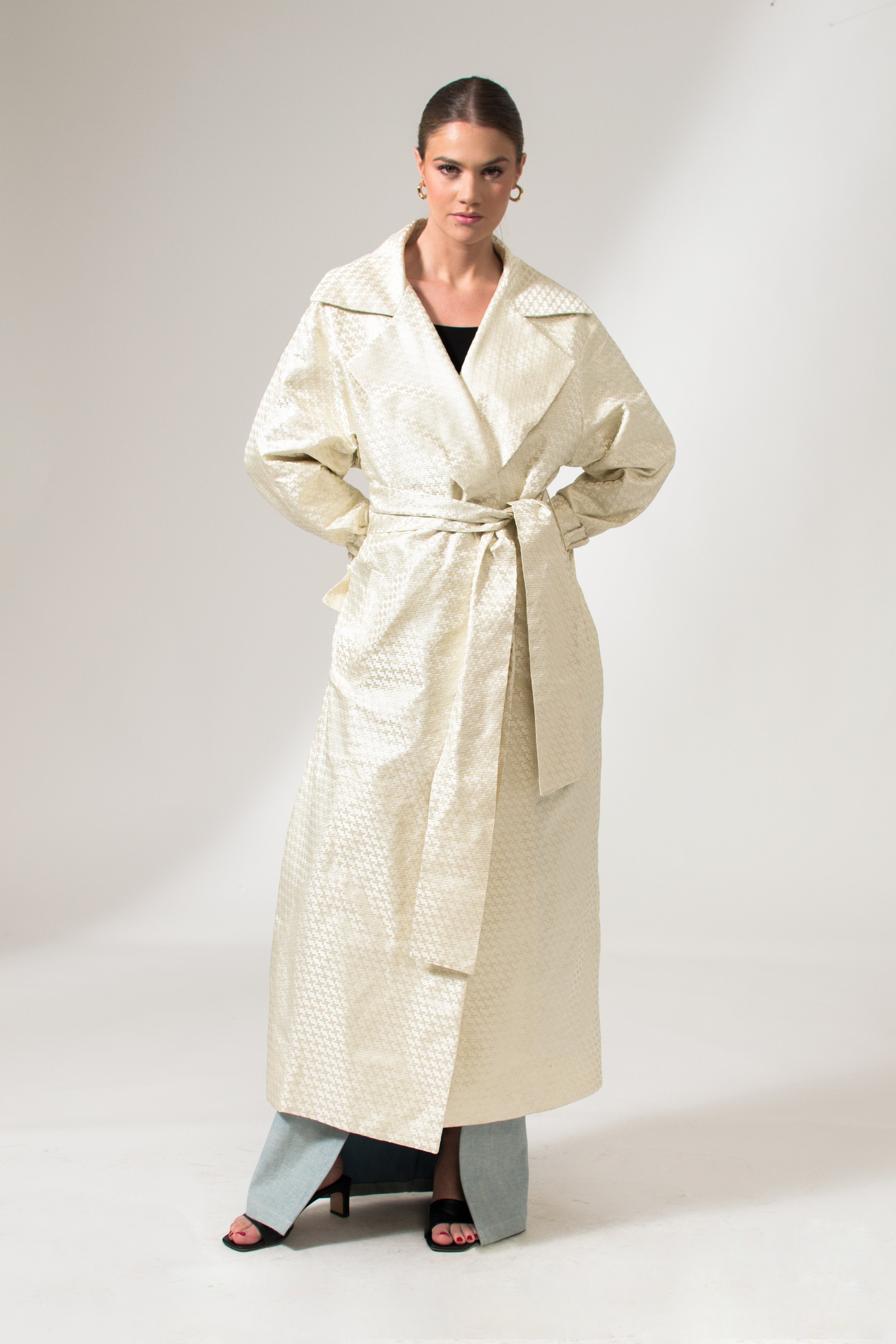 Cream White Woven Satin Silk Trench Coat - Custom Made - Bastet Noir