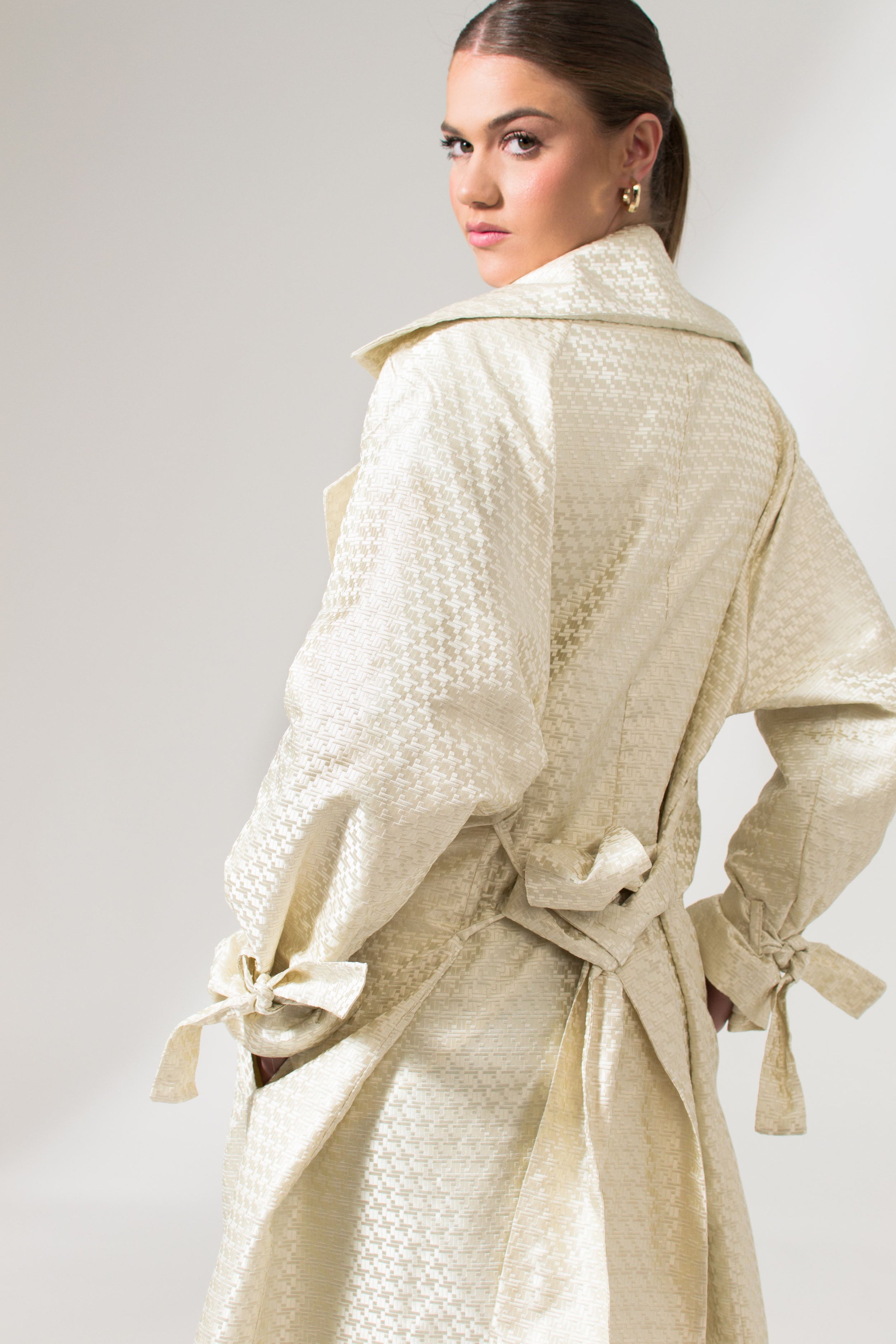 Cream White Woven Satin Silk Trench Coat - Custom Made - Bastet Noir