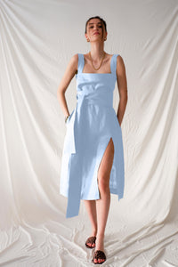 Baby blue linen square neckline midi dress with front slit