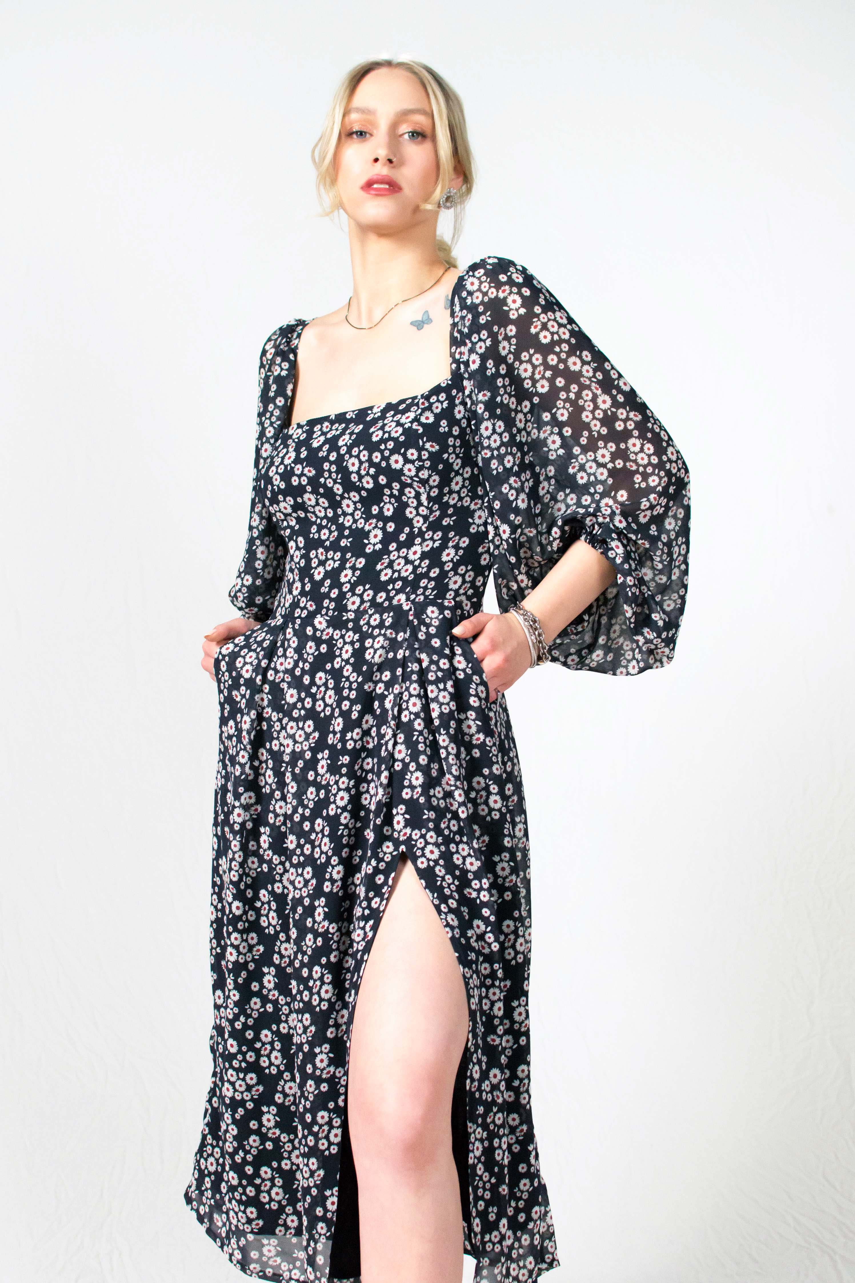 Ditsy floral black Boho dress - Custom Made - Bastet Noir