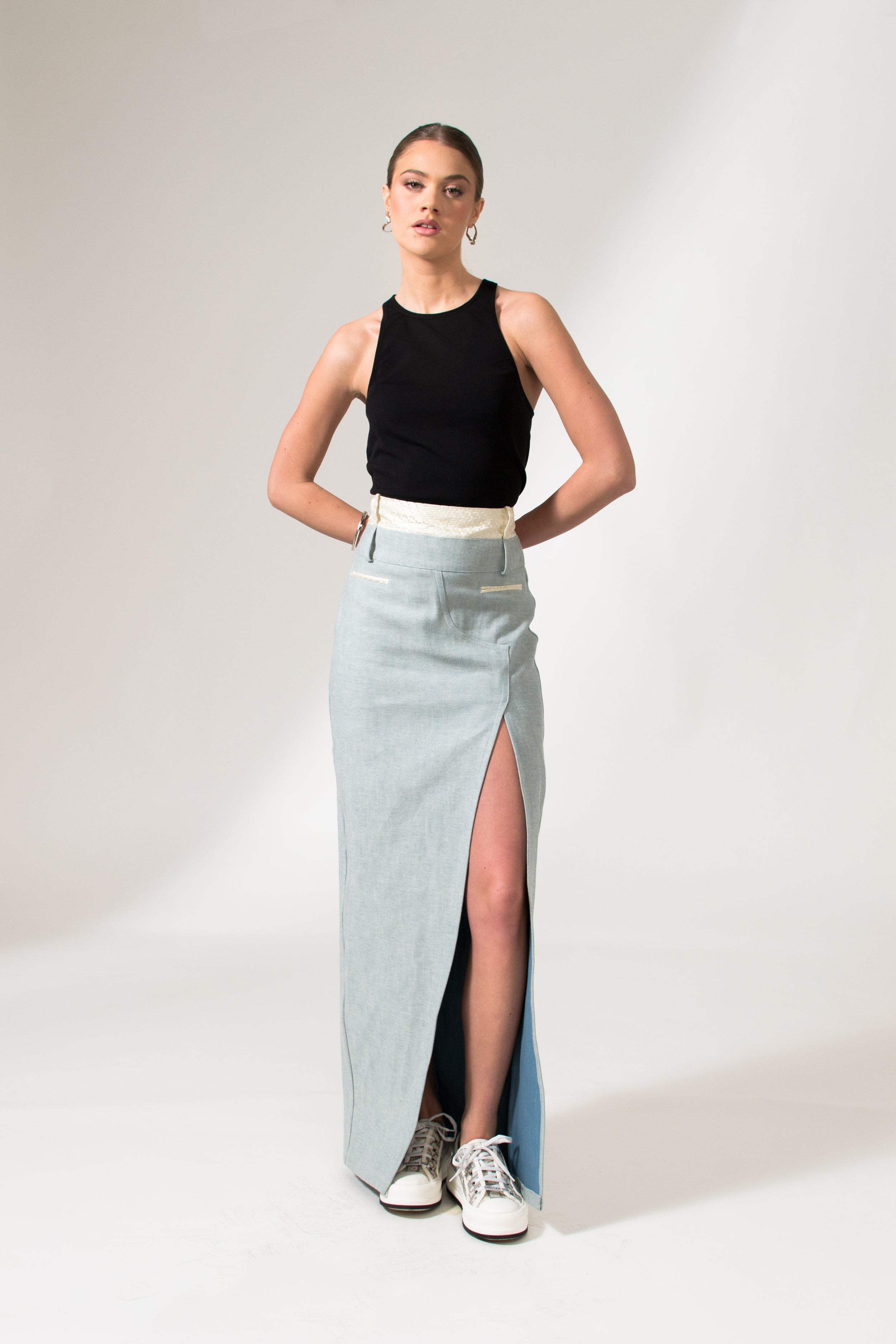 Light Blue Denim Front Slit Maxi Skirt - Custom Made - Bastet Noir