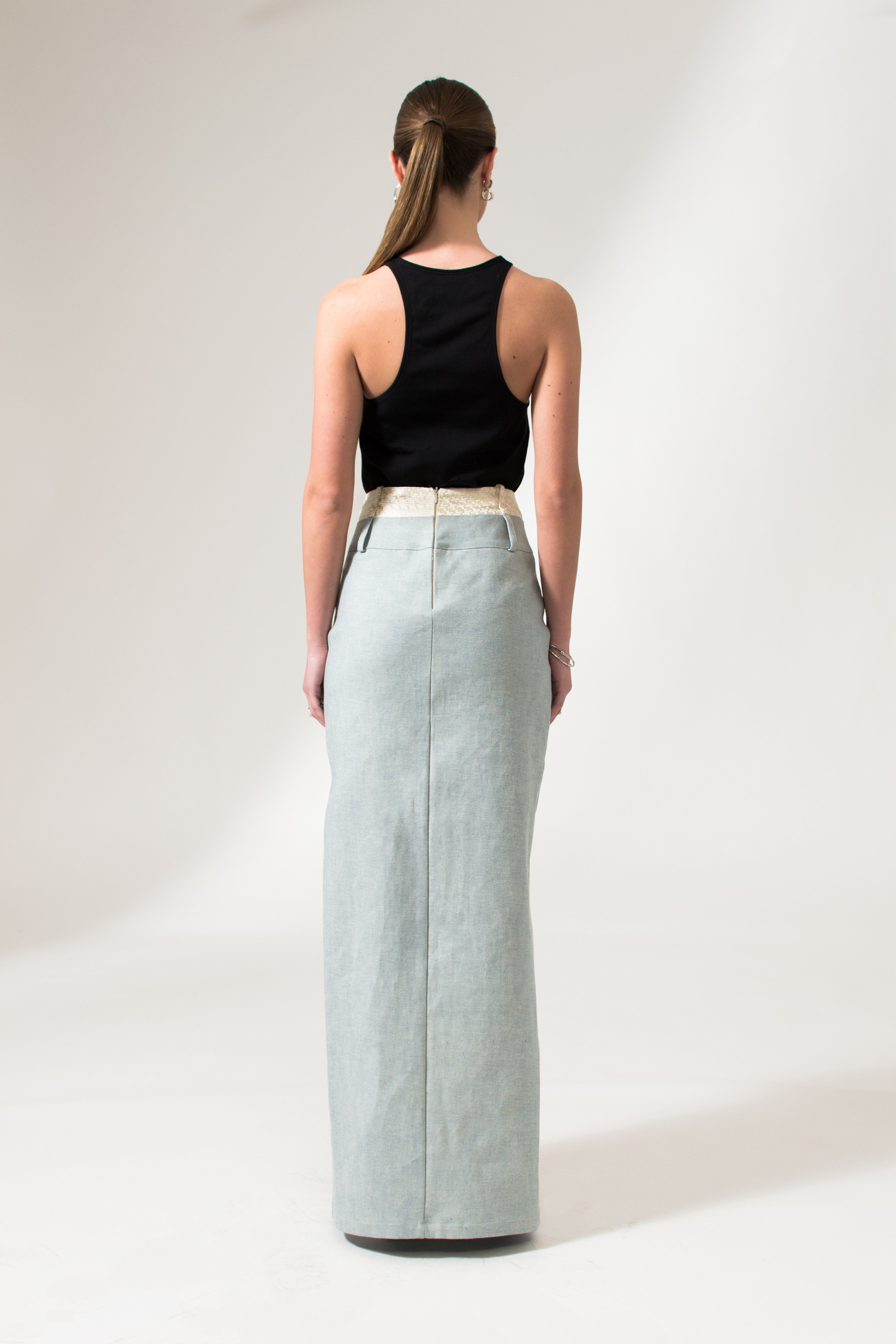 Light Blue Denim Front Slit Maxi Skirt - Custom Made - Bastet Noir