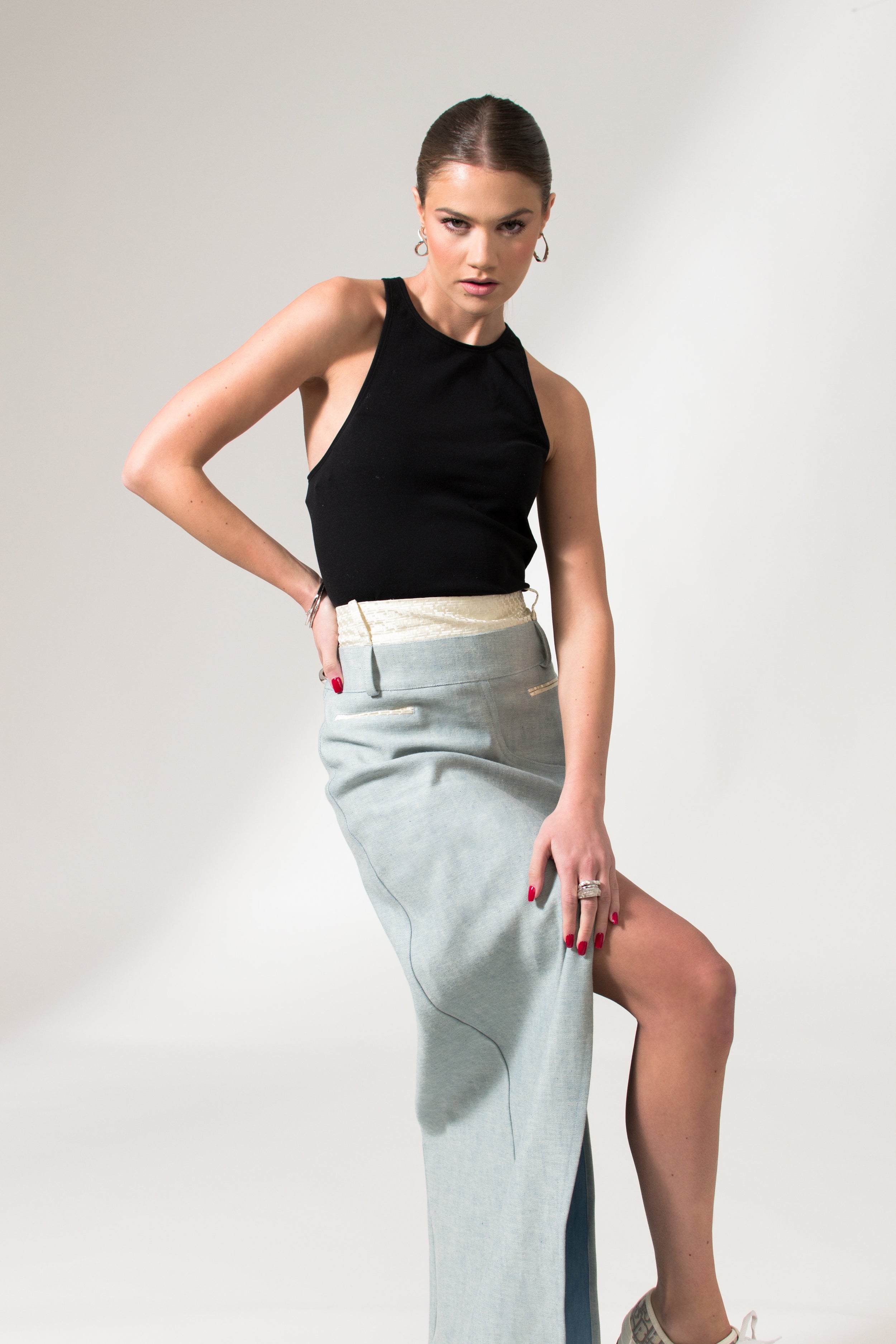 Light Blue Denim Front Slit Maxi Skirt - Custom Made - Bastet Noir