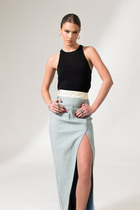 Light Blue Denim Front Slit Maxi Skirt - Custom Made - Bastet Noir
