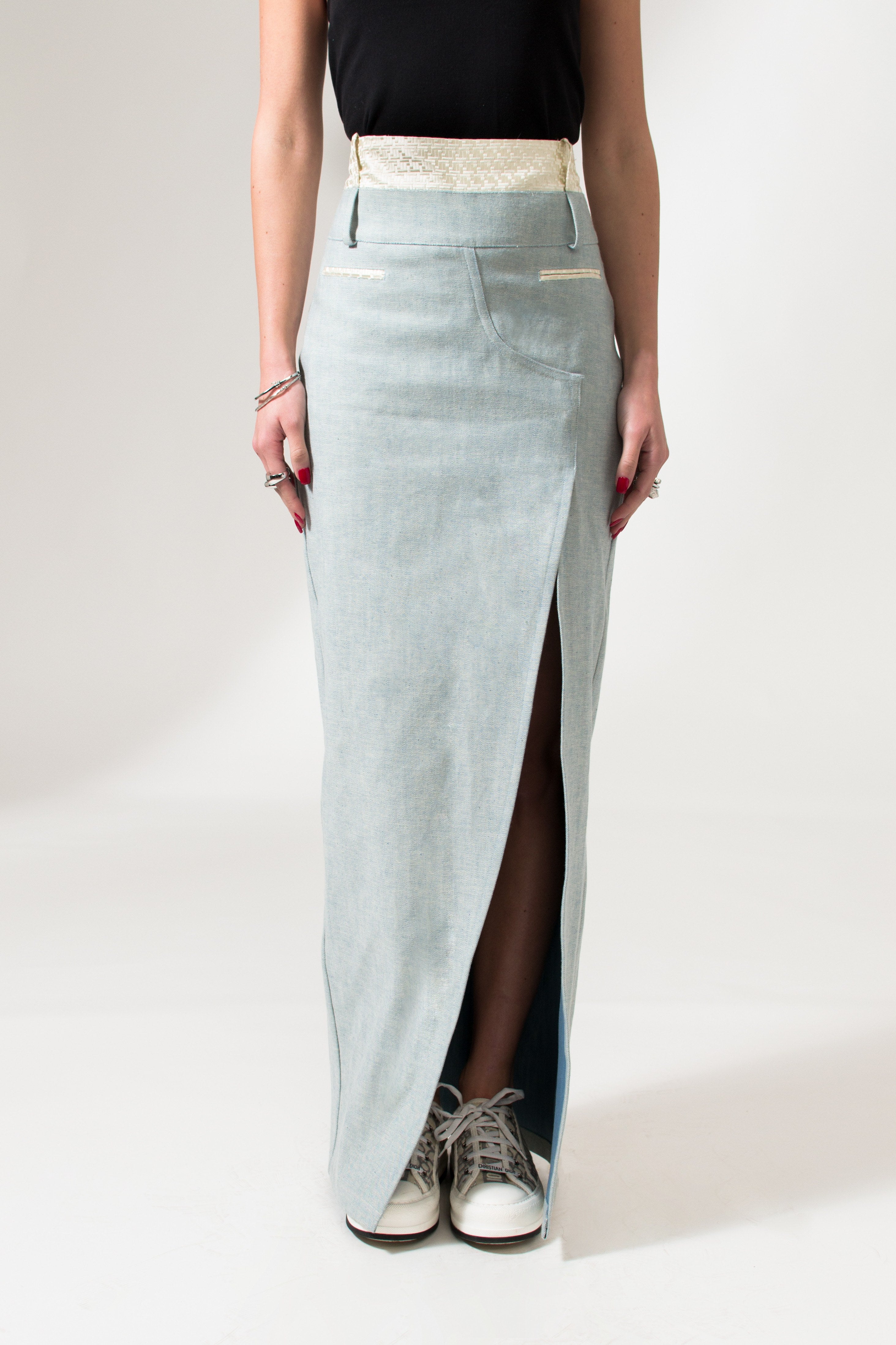 Light Blue Denim Front Slit Maxi Skirt - Custom Made - Bastet Noir