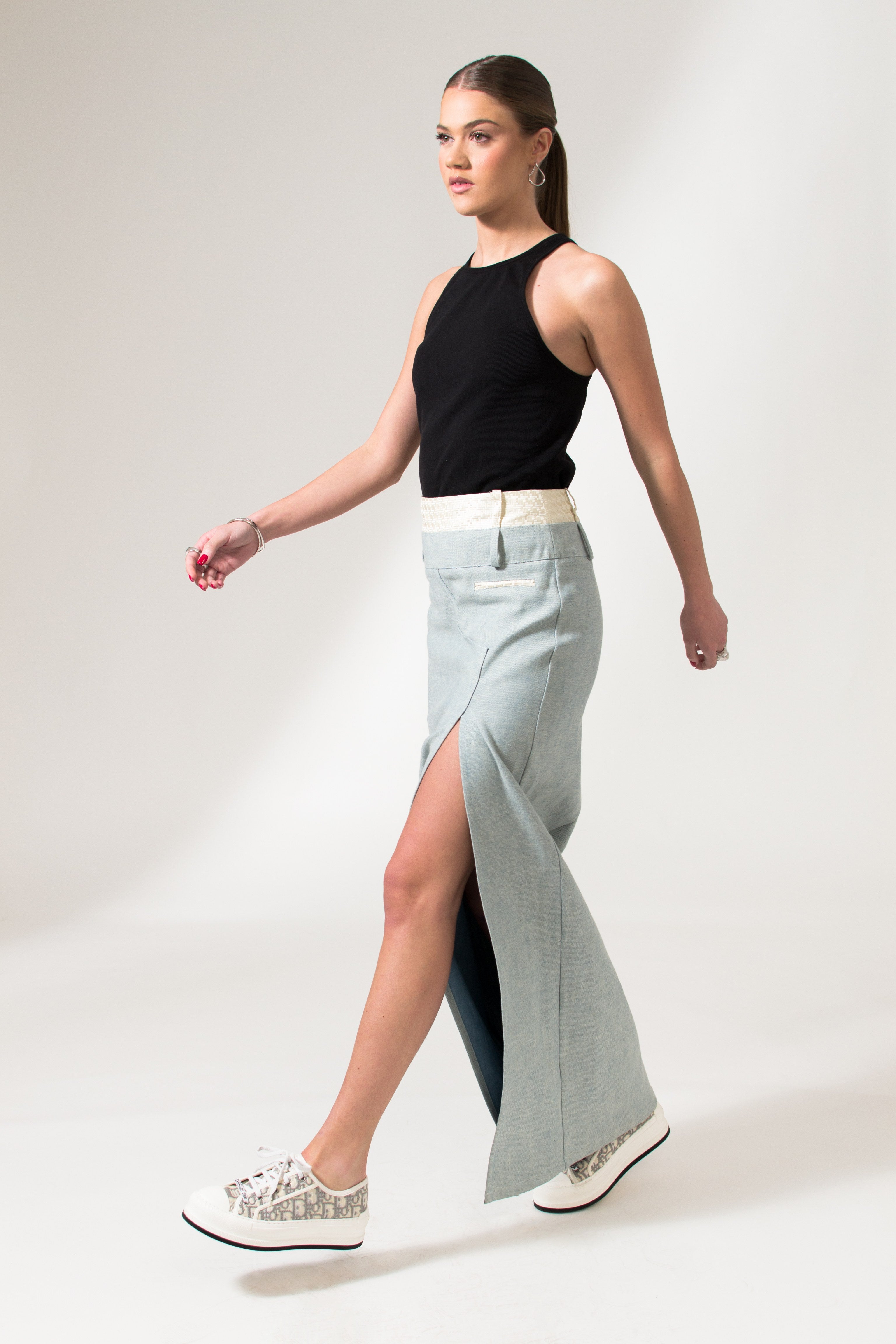 Light Blue Denim Front Slit Maxi Skirt - Custom Made - Bastet Noir