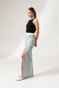 Light Blue Denim Front Slit Maxi Skirt - Custom Made - Bastet Noir