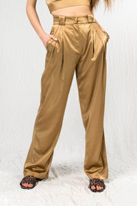 Gold silk satin high waist pants with pockets