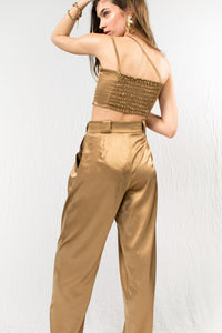 Gold silk satin high waist pants with pockets and crop top