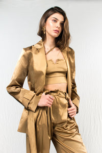 Gold silk satin high waist pants with pockets and crop top and blazer