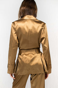 Gold satin silk blazer pants and crop top set