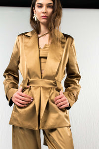 Gold satin silk blazer pants and crop top set
