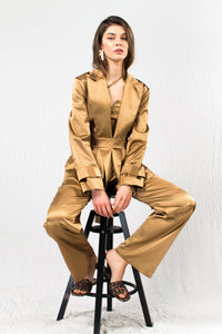 Gold silk satin high waist pants with pockets and crop top and blazer
