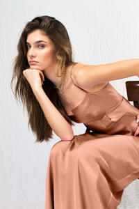 Peach silk satin thin strap tight bodice loose skirt maxi dress with belt loops and tie