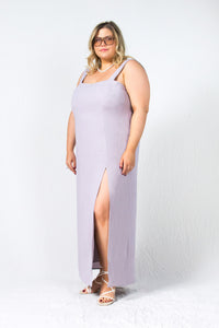 Lavender linen maxi dress with square neckline and a high side slit
