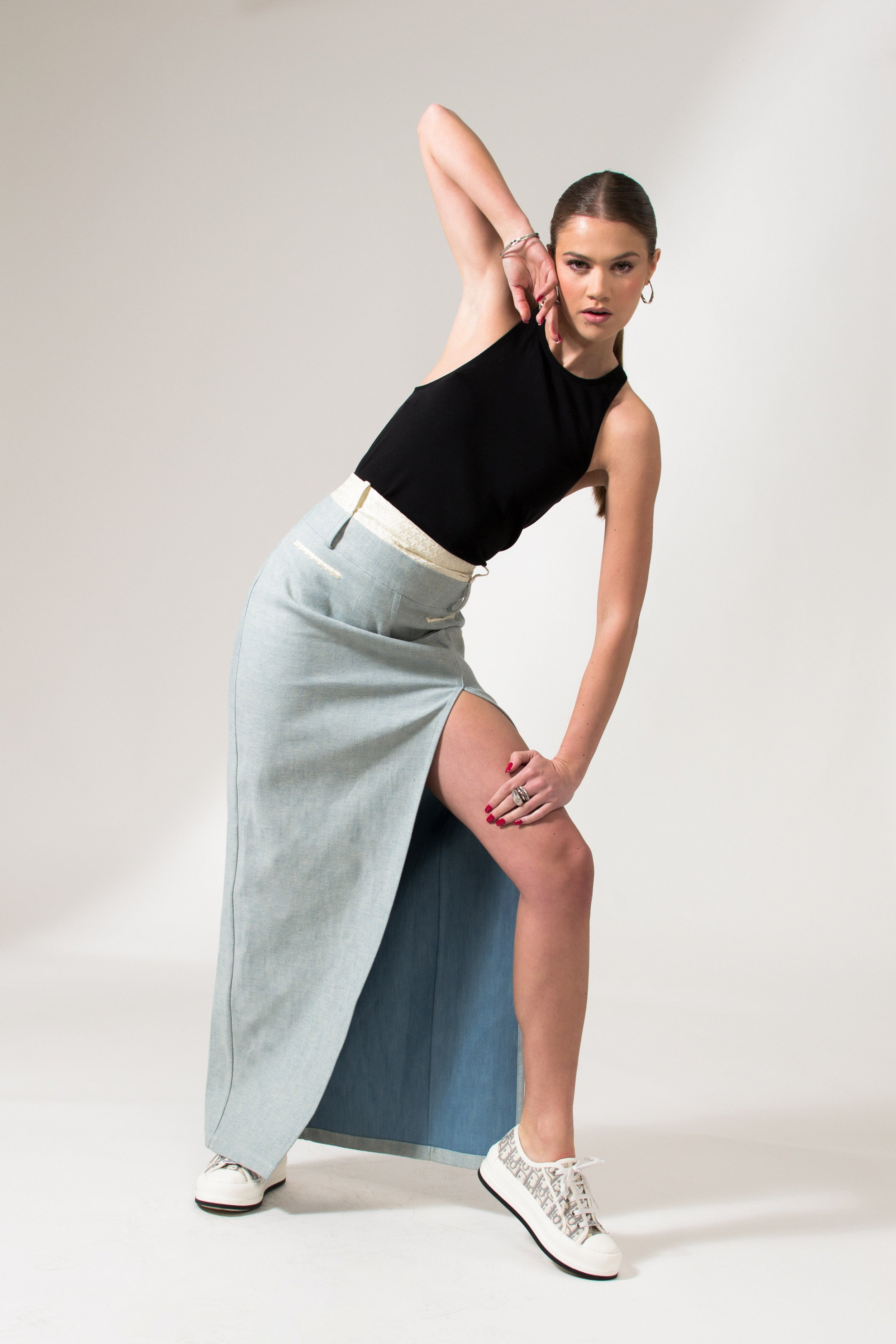 Light Blue Denim Front Slit Maxi Skirt - Custom Made - Bastet Noir