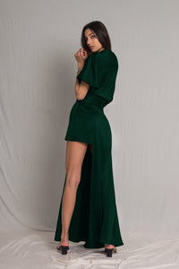 Forest green satin silk wedding guest asymmetric dress with short wide sleeves and cowl neckline