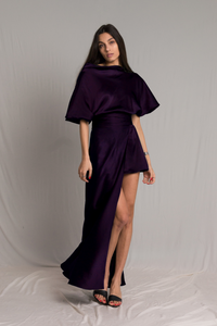 Purple wedding guest satin maxi dress - Custom Made - Bastet Noir