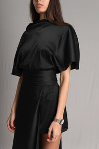 Black asymmetric satin silk wedding guest dress with short wide sleeves and cowl neckline