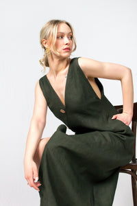 Olive Green Sleeveless Linen Maxi Dress - Custom Made - Bastet Noir