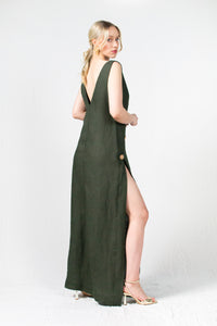 Olive Green Sleeveless Linen Maxi Dress - Custom Made - Bastet Noir