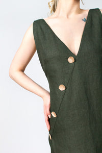 Olive green with deep V neckline and high front slit