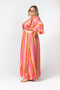 Pink striped linen maxi dress - Custom Made - Bastet Noir