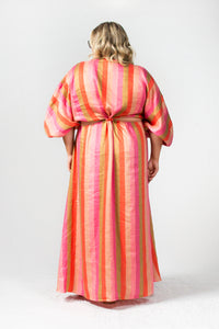 Pink striped linen maxi dress with waist cut out details and puffy sleeves