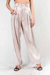 Powder Pink Wide Leg Pleated Satin Silk Pants - Custom Made - Bastet Noir