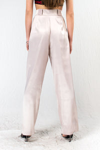 Powder Pink Wide Leg Pleated Satin Silk Pants - Custom Made - Bastet Noir