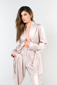 Powder pink satin silk structured blazer with waist tie